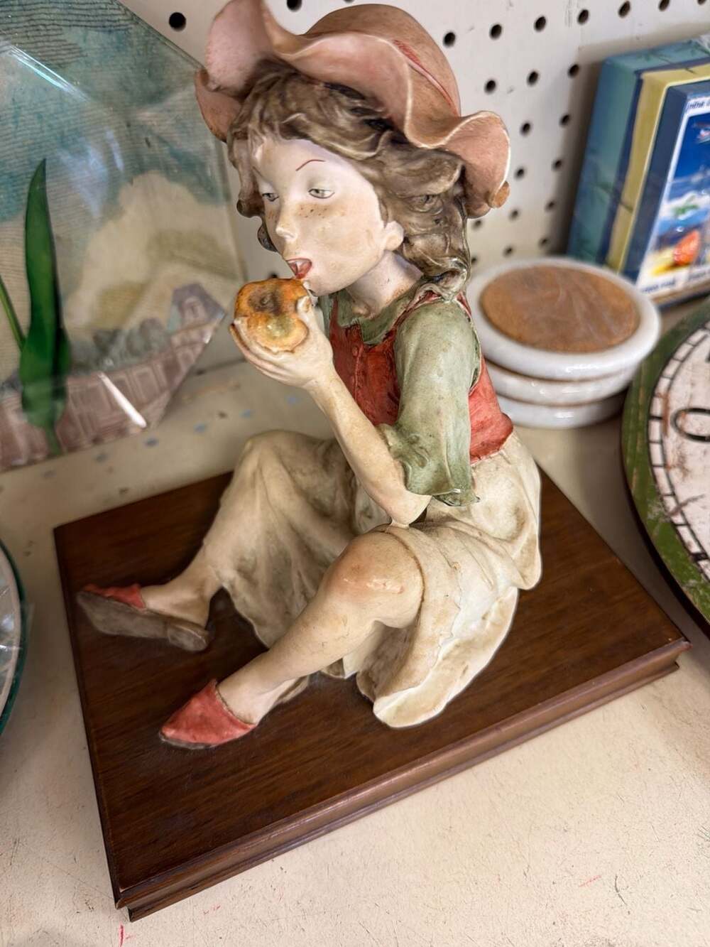 Giuseppe Armani Florence Italy Girl Eating an Apple Figurine on Wood Base